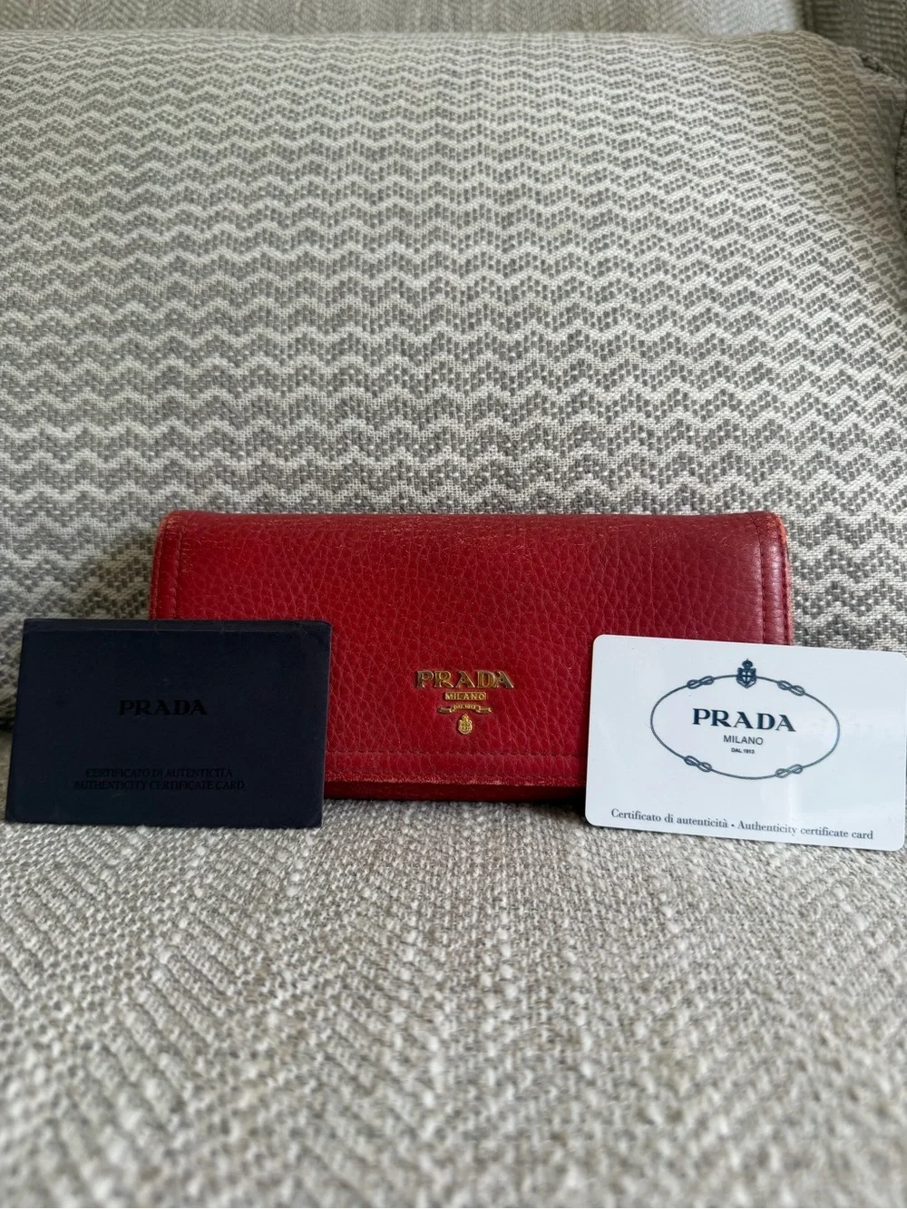 Prada Red Vitello Daino Leather Continental Wallet Gold Logo w/Authenticity Card
